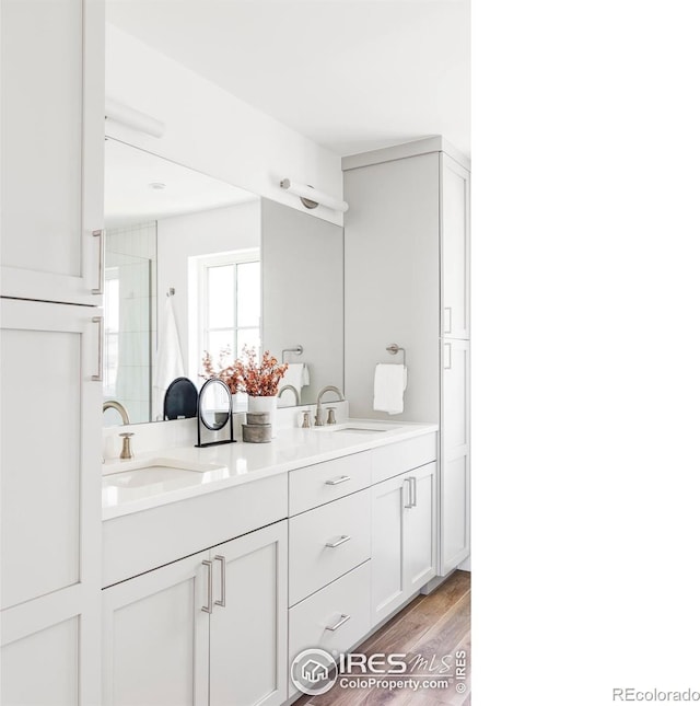 914 Eldorado Ln, Louisville, CO 80027 - full bathroom with double vanity, walk in shower, a sink, and wood finished floors