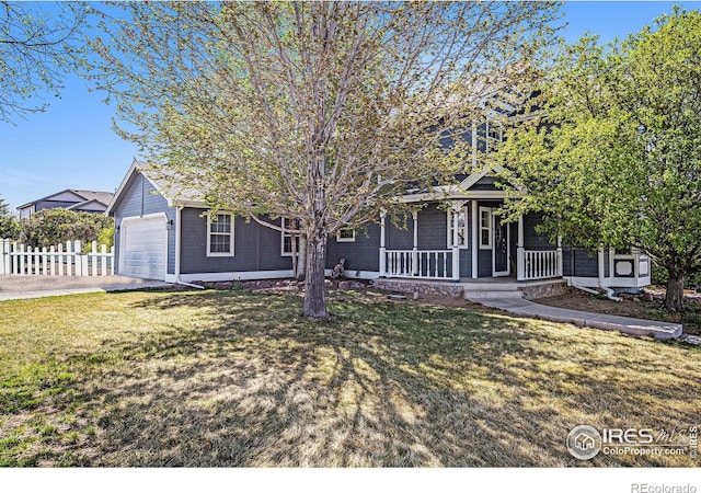 view of property hidden behind natural elements with a porch, a front yard, a garage, fence, and concrete driveway