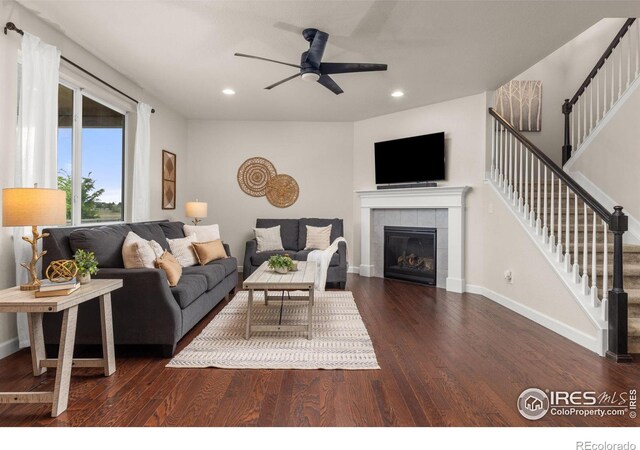 5845 Shadow Creek Ct, Windsor, CO 80528 - living room with wood finished floors, ceiling fan, stairway, recessed lighting, and baseboards