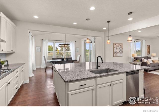 5845 Shadow Creek Ct, Windsor, CO 80528 - kitchen featuring appliances with stainless steel finishes, a sink, open floor plan, dark wood finished floors, and a center island with sink