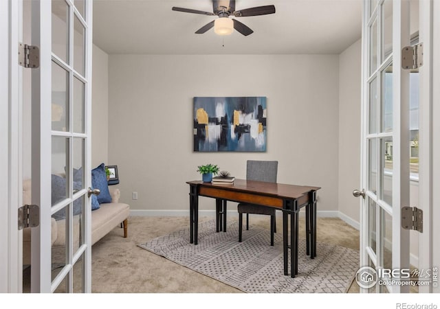 5845 Shadow Creek Ct, Windsor, CO 80528 - carpeted office featuring french doors, a ceiling fan, and baseboards