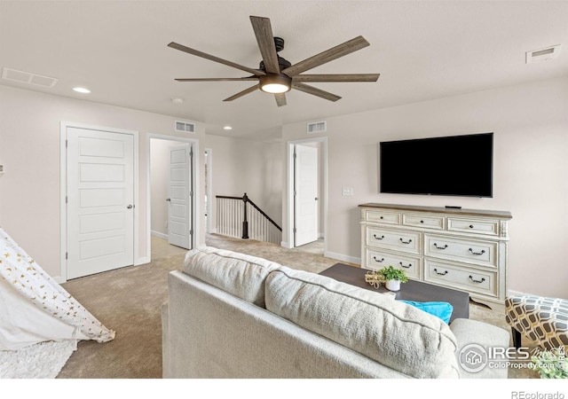 5845 Shadow Creek Ct, Windsor, CO 80528 - living area featuring carpet floors, a ceiling fan, recessed lighting, and baseboards