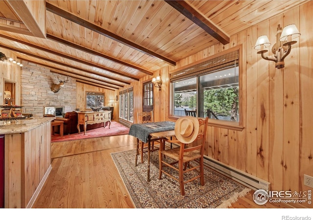 565 Hemlock Dr, Lyons, CO 80540 - dining space featuring wooden walls, wood ceiling, and a baseboard heating unit