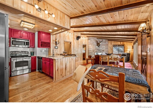 565 Hemlock Dr, Lyons, CO 80540 - kitchen featuring wooden walls, a sink, light wood-style flooring, stainless steel appliances, and wood ceiling