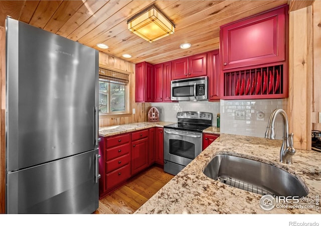 565 Hemlock Dr, Lyons, CO 80540 - kitchen featuring a sink, stainless steel appliances, wood finished floors, tasteful backsplash, and wood ceiling