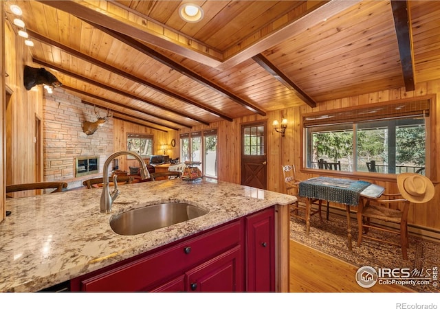 565 Hemlock Dr, Lyons, CO 80540 - kitchen with wood walls, open floor plan, wood ceiling, a sink, and light wood finished floors
