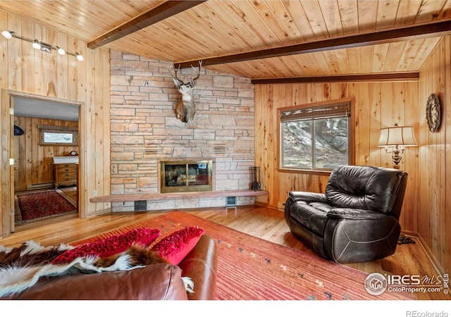 565 Hemlock Dr, Lyons, CO 80540 - living area featuring wood walls, wood finished floors, and a fireplace