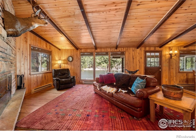 565 Hemlock Dr, Lyons, CO 80540 - living area with wood ceiling, vaulted ceiling with beams, a baseboard heating unit, and wood finished floors