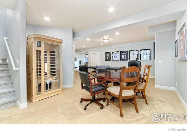 1992 Vineyard Dr, Windsor, CO 80550 - carpeted dining room featuring recessed lighting, baseboards, and stairway