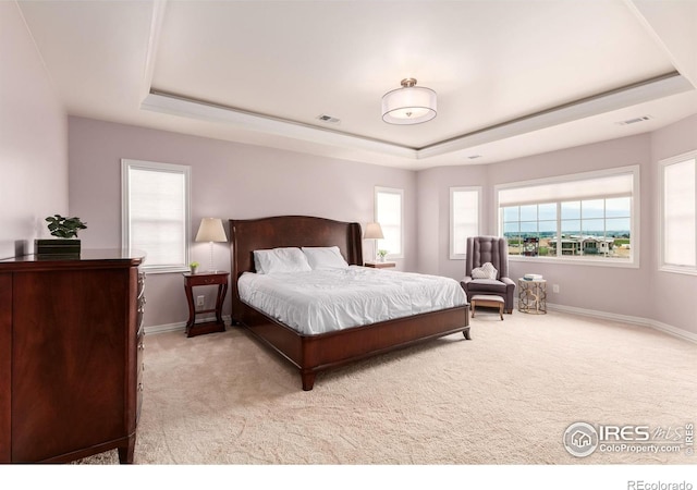 bedroom featuring visible vents, carpet, baseboards, and a tray ceiling