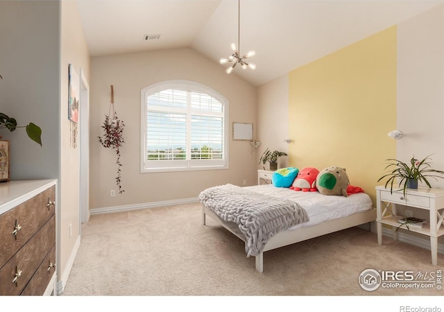 bedroom featuring visible vents, an inviting chandelier, baseboards, light colored carpet, and vaulted ceiling
