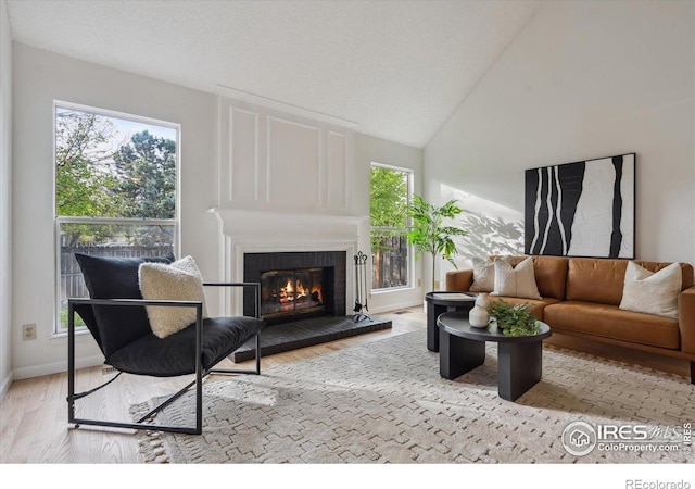 living area with a tiled fireplace, baseboards, plenty of natural light, and wood finished floors