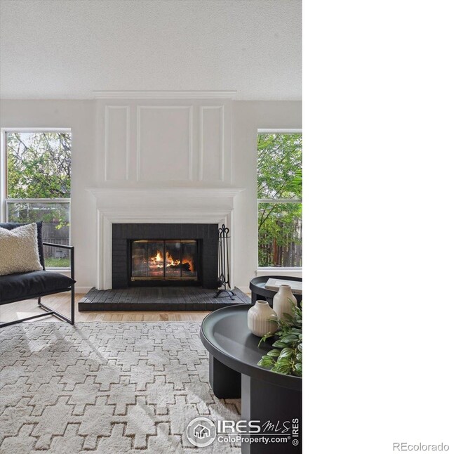 interior details with a glass covered fireplace and wood finished floors