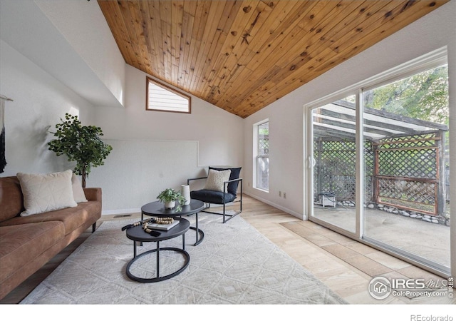 living room with wood ceiling, visible vents, vaulted ceiling, wood finished floors, and baseboards