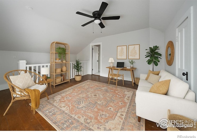 405 Maple St, Fort Morgan, CO 80701 - living area with lofted ceiling, wood finished floors, a ceiling fan, an office area, and baseboards