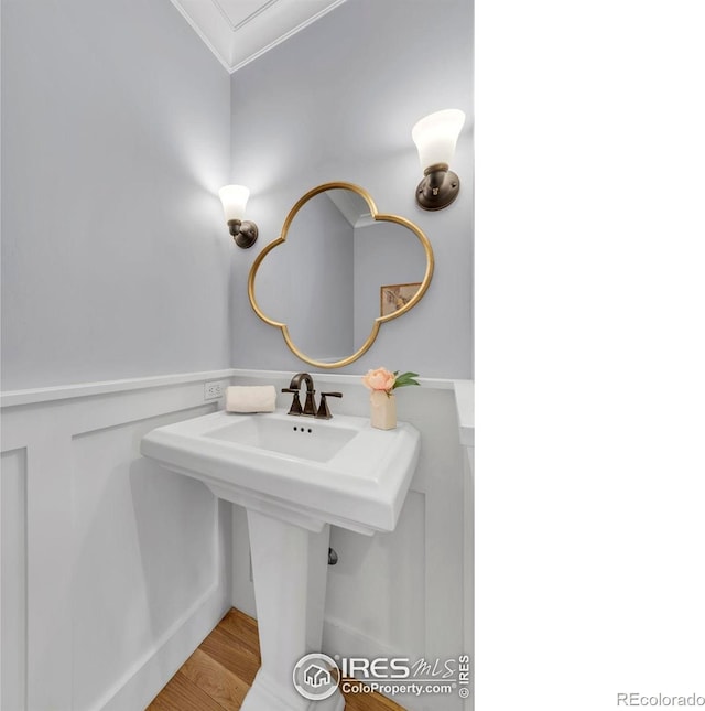 bathroom featuring wood finished floors, ornamental molding, a sink, and a wainscoted wall