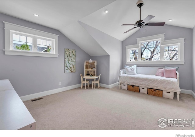 bedroom featuring visible vents, baseboards, recessed lighting, carpet flooring, and vaulted ceiling