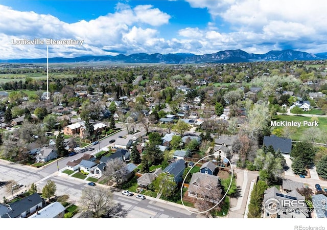 aerial view featuring a mountain view and a residential view