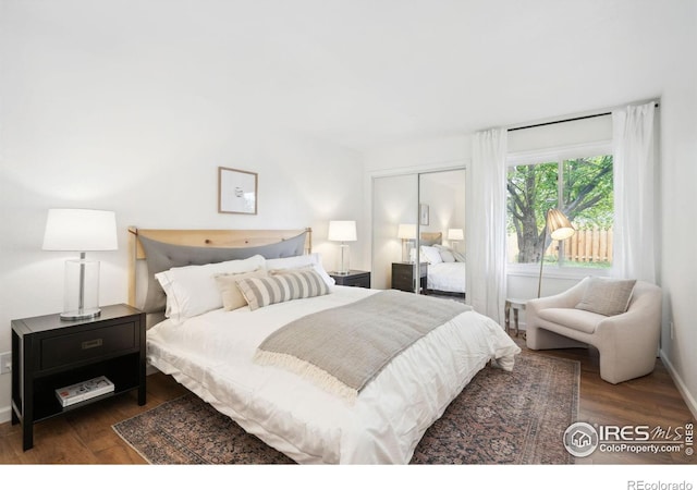 bedroom with baseboards, access to exterior, wood finished floors, and a closet