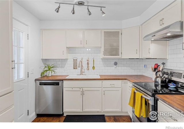 kitchen featuring wooden counters, appliances with stainless steel finishes, a sink, under cabinet range hood, and white cabinetry