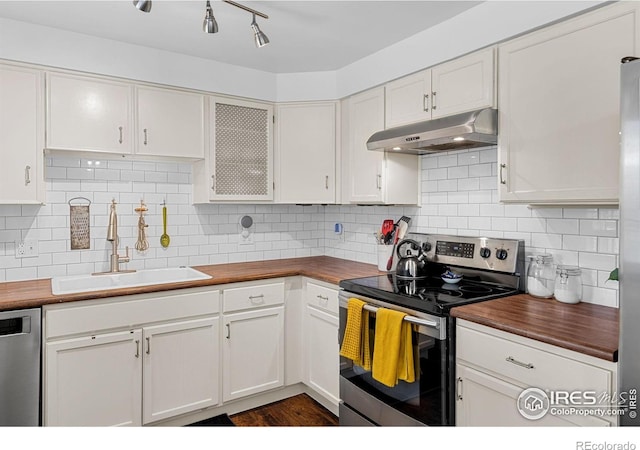 kitchen featuring white cabinets, a sink, wood counters, stainless steel appliances, and under cabinet range hood