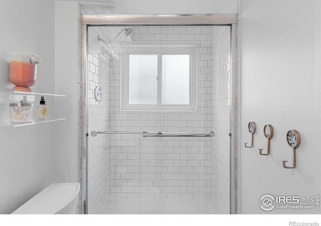 full bathroom featuring toilet and a shower stall