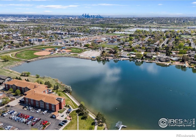 aerial view featuring a water view
