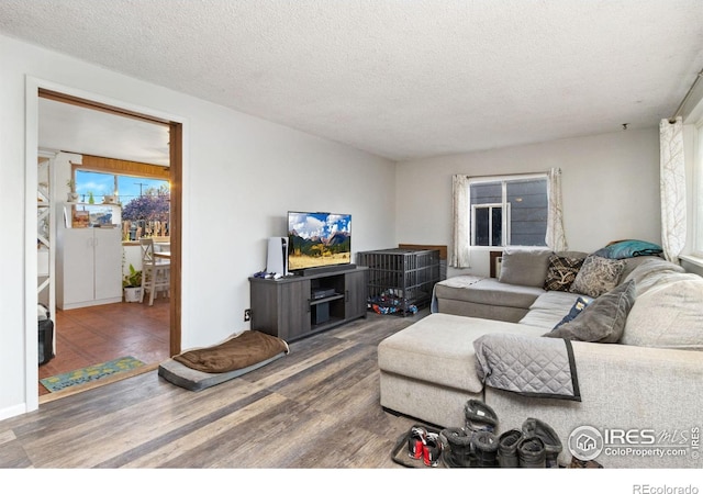 living area with a textured ceiling and wood finished floors