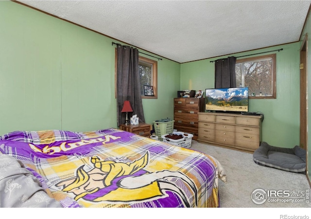carpeted bedroom featuring a textured ceiling