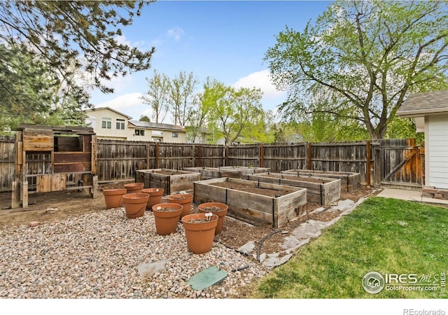 view of yard featuring a fenced backyard and a vegetable garden