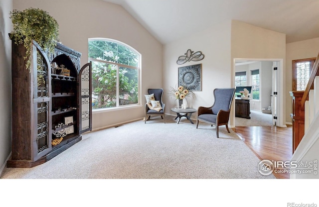 1442 Mallard Dr, Johnstown, CO 80534 - living area featuring carpet floors, vaulted ceiling, baseboards, and wood finished floors