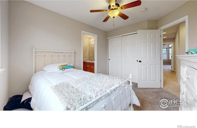 1442 Mallard Dr, Johnstown, CO 80534 - bedroom featuring light colored carpet, a closet, ensuite bath, and ceiling fan