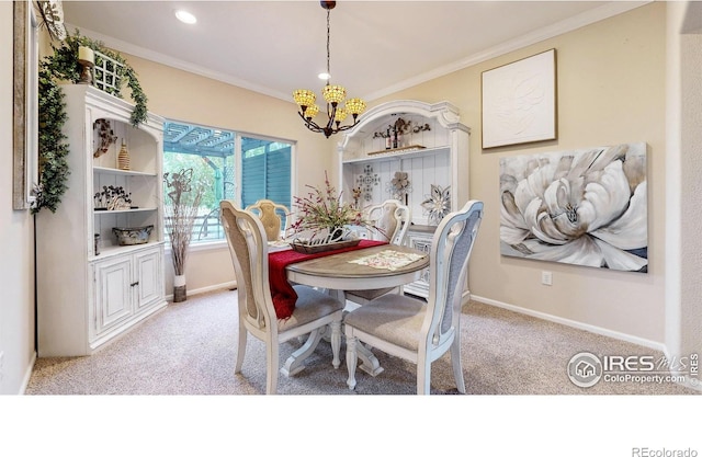 1442 Mallard Dr, Johnstown, CO 80534 - dining room with a chandelier, light carpet, ornamental molding, baseboards, and recessed lighting