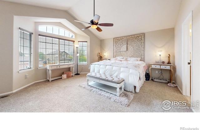 1442 Mallard Dr, Johnstown, CO 80534 - bedroom with carpet, lofted ceiling, baseboards, and ceiling fan