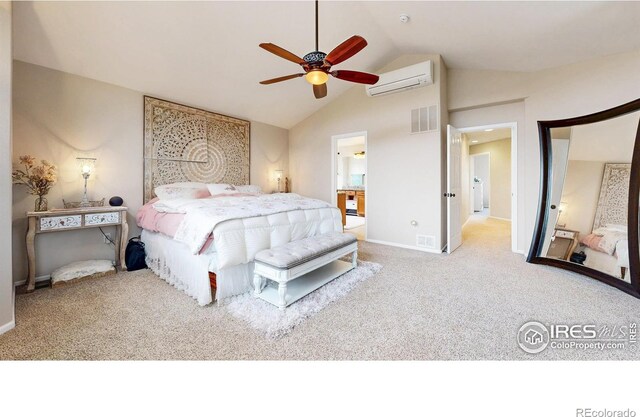 1442 Mallard Dr, Johnstown, CO 80534 - bedroom with a wall mounted air conditioner, carpet flooring, baseboards, ceiling fan, and high vaulted ceiling