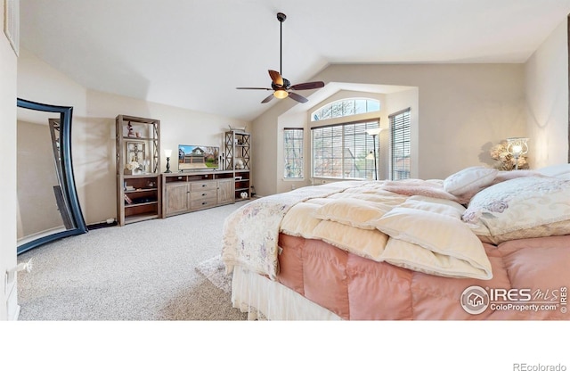 1442 Mallard Dr, Johnstown, CO 80534 - bedroom with carpet floors, vaulted ceiling, and a ceiling fan