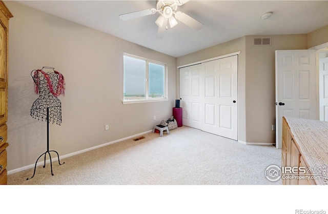 1442 Mallard Dr, Johnstown, CO 80534 - recreation room featuring light colored carpet, ceiling fan, and baseboards