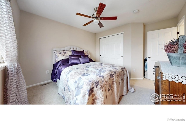 1442 Mallard Dr, Johnstown, CO 80534 - carpeted bedroom featuring baseboards, a closet, and a ceiling fan