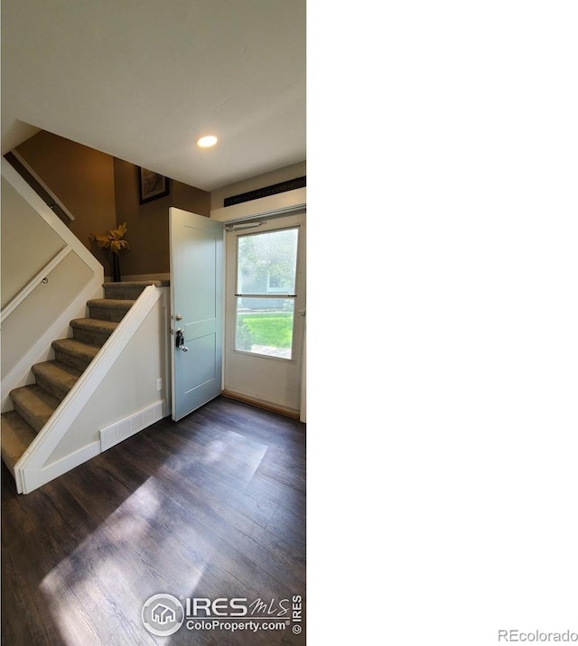 1180 Monroe Dr Unit C, Boulder, CO 80303 - entryway with dark wood-style floors, stairway, recessed lighting, and baseboards