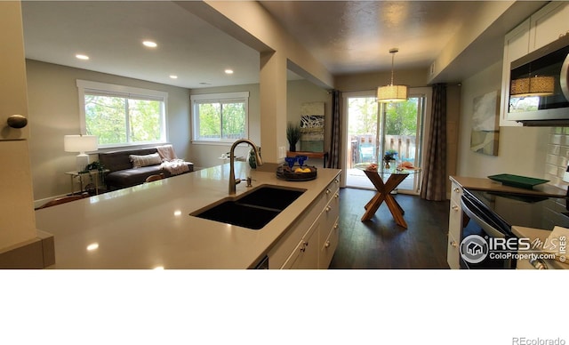 1180 Monroe Dr Unit C, Boulder, CO 80303 - kitchen with a sink, stainless steel microwave, black electric range, white cabinets, and dark wood-style flooring