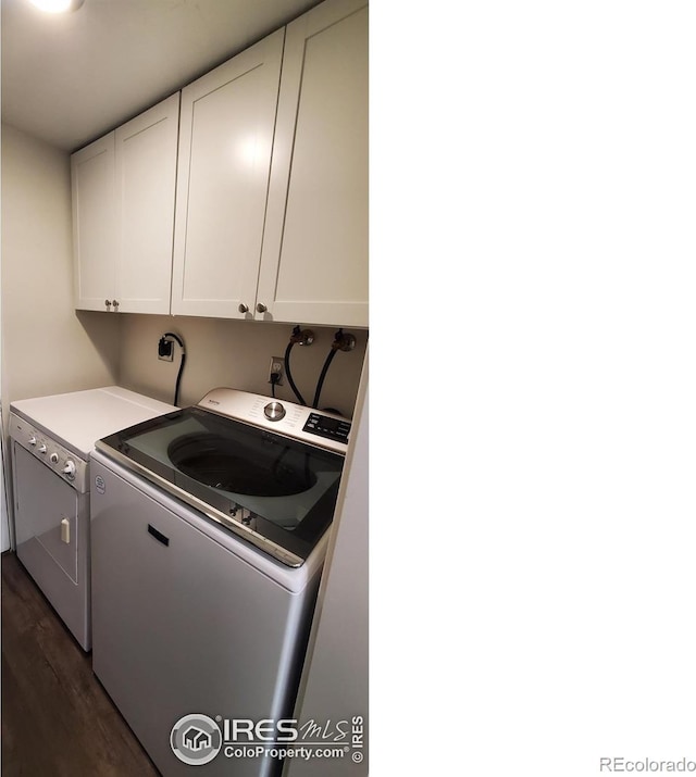 1180 Monroe Dr Unit C, Boulder, CO 80303 - clothes washing area with independent washer and dryer, cabinet space, and dark wood-style floors