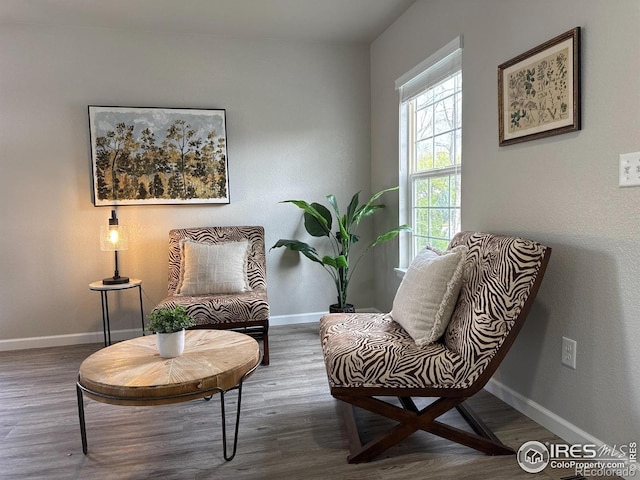 living area featuring baseboards and wood finished floors