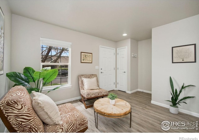 living area with baseboards, recessed lighting, and wood finished floors