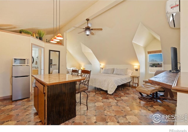bedroom featuring baseboards, a wall mounted AC, stainless steel fridge, and lofted ceiling
