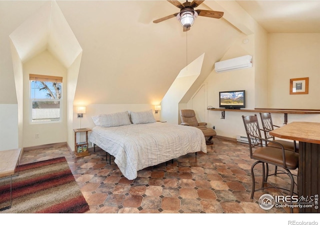 bedroom with vaulted ceiling and a wall mounted air conditioner