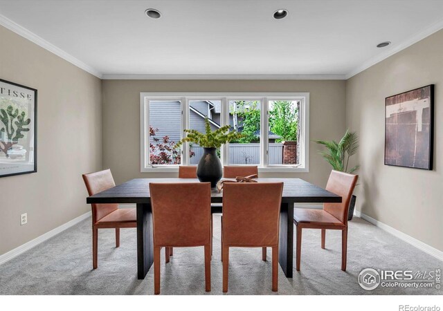 2672 Winding Trail Dr, Boulder, CO 80304 - dining area featuring light carpet, ornamental molding, and baseboards