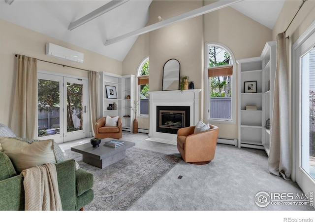 2672 Winding Trail Dr, Boulder, CO 80304 - living room featuring a wall mounted air conditioner, plenty of natural light, high vaulted ceiling, a baseboard radiator, and beam ceiling