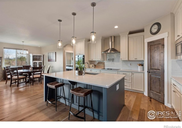 1603 Plank Ln, Fort Collins, CO 80524 - kitchen with light wood-style floors, black electric stovetop, wall chimney range hood, tasteful backsplash, and a sink