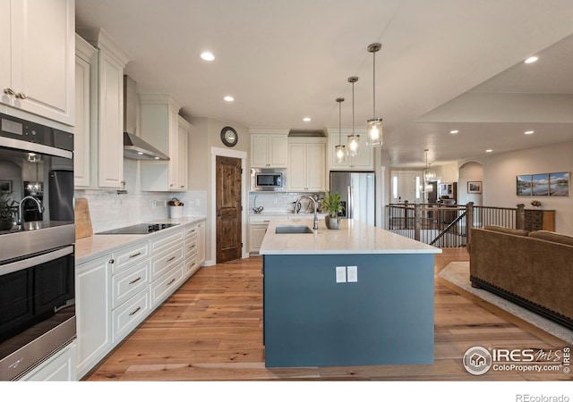 1603 Plank Ln, Fort Collins, CO 80524 - kitchen featuring appliances with stainless steel finishes, a sink, wall chimney exhaust hood, open floor plan, and tasteful backsplash