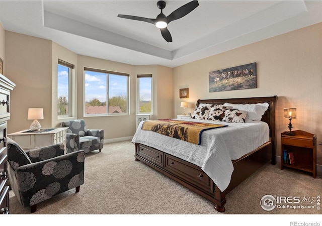 1603 Plank Ln, Fort Collins, CO 80524 - bedroom featuring carpet flooring, a tray ceiling, ceiling fan, and baseboards